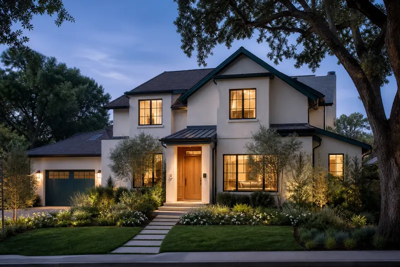Architectural illustration of a contemporary home with a warmly lit entrance and landscaped garden.